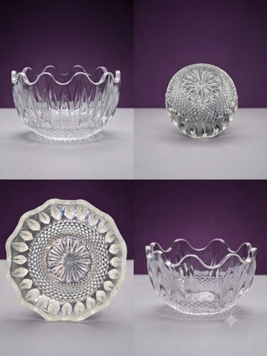 The Unbranded Brand Other - Vintage Cut Crystal Bowl: Scalloped Edges, Diamond Pattern & Starburst **